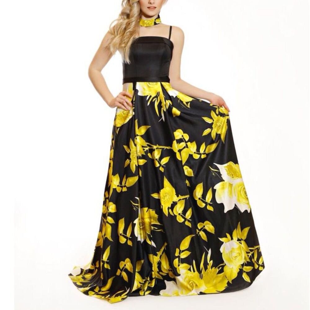 DAVE AND JOHNNY Black & Yellow Prom Bridal Homecoming Quinceanera MAXI Dress 3/4